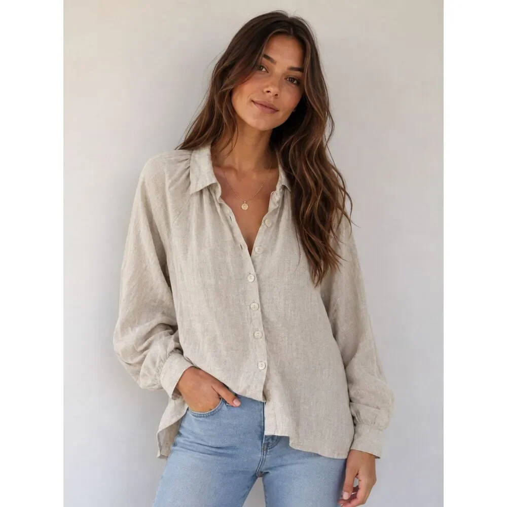 NWOT Cleobella Flax Beige Cotton Blouse Bishop Sleeve - Sz Small - Picture 1 of 6